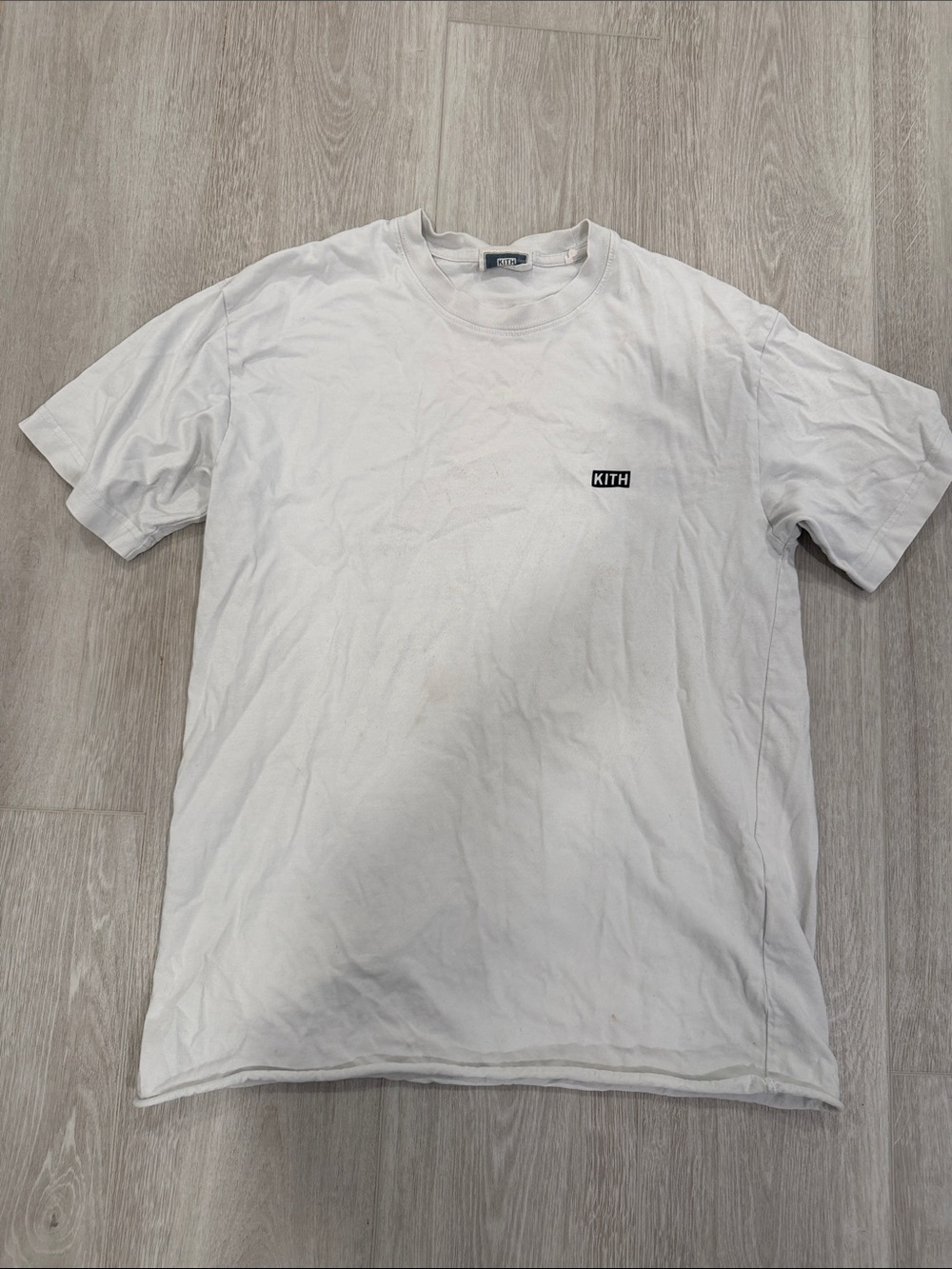Kith stained and discolored White Crewneck Tee with Small Chest Logo men xs